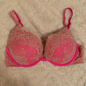 Victoria's Secret Embellished Lace "Incredible" Bra Hot Pink/Nude Overlay- 34D
